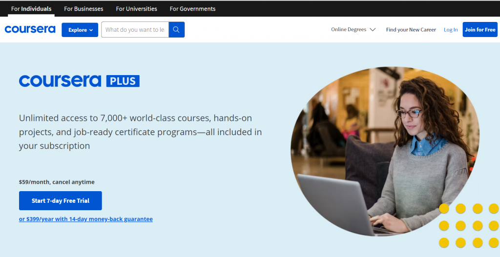 Coursera plus as an example of MOOC elearning site