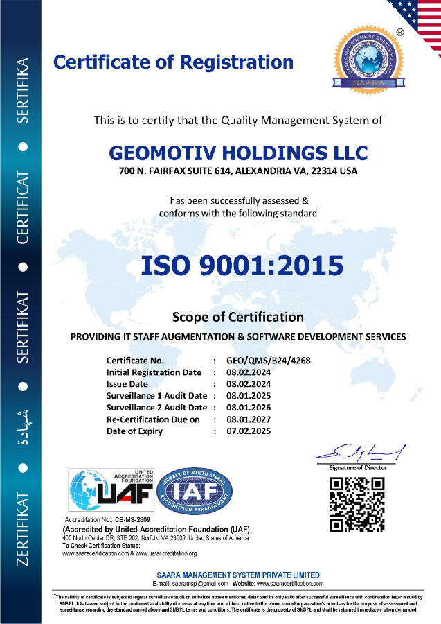 Geomotiv Achieves ISO 9001:2015 Certification