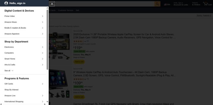 eCommerce customer experience in Amazon navigation
